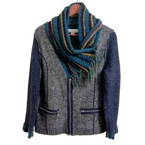 Curio New York Gray Navy Cardigan Striped Scarf accent Fringe Boho Cowl Large